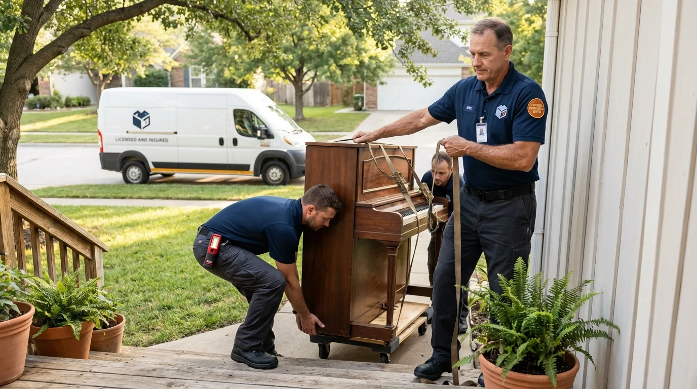 Licensed piano movers securing grand piano in Fillmore, UT