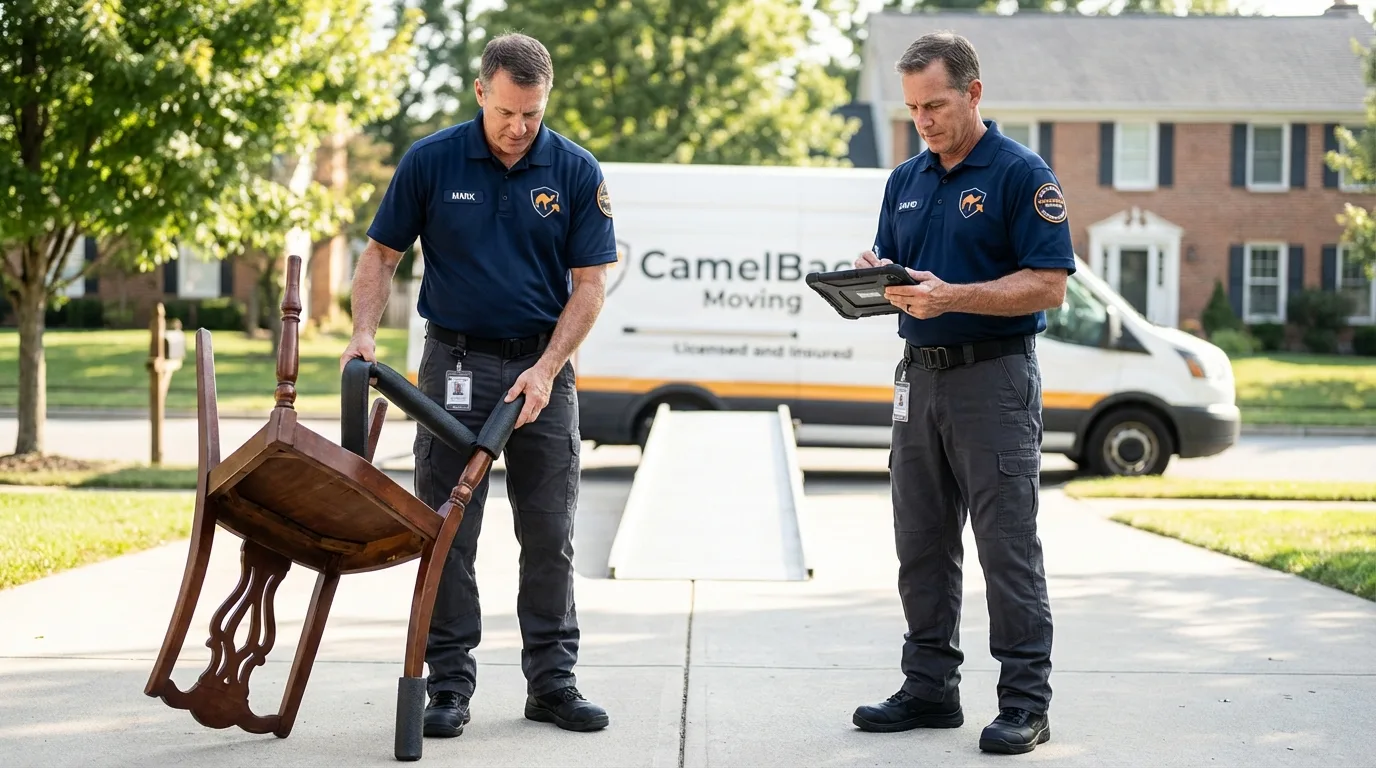 Movers inspecting furniture for damage prevention before loading in Fillmore, UT